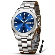 POEDAGAR Business Waterproof Quartz Watches for Men Blue Dial with Date Display Stainless Steel Band