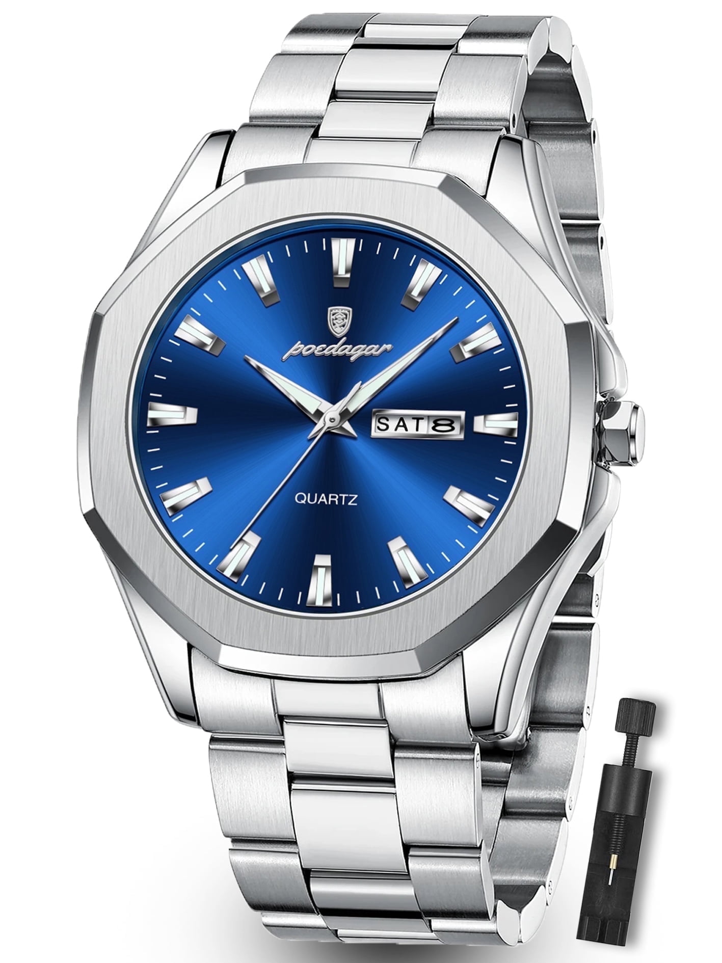 POEDAGAR Business Waterproof Quartz Watches for Men Blue Dial with Date Display Stainless Steel Band