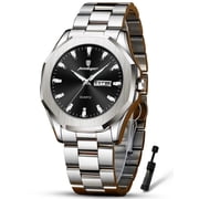 POEDAGAR Business Waterproof Quartz Watches for Men Black Dial with Date Week Display Stainless Steel Band