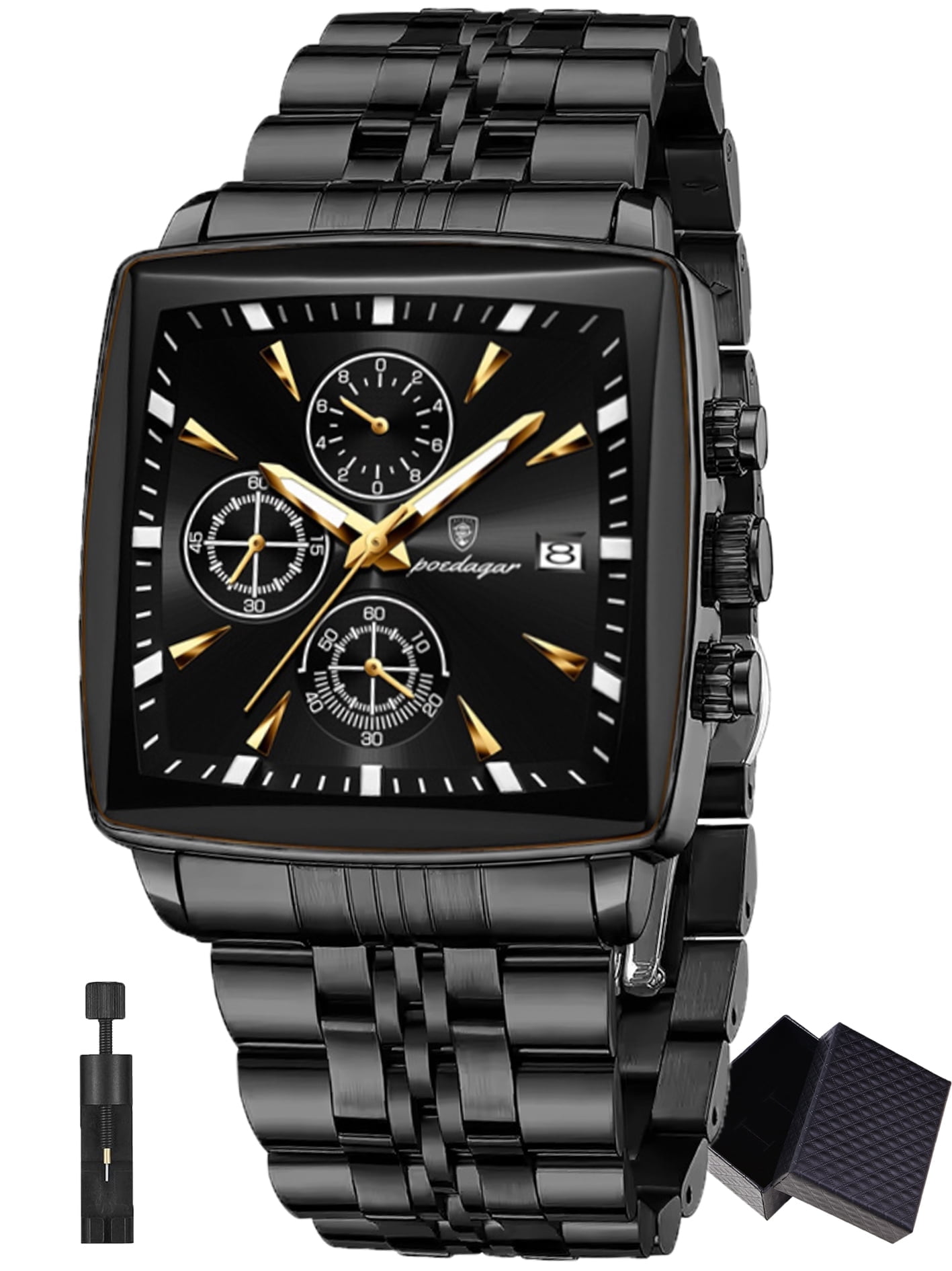 POEDAGAR Luxury Square Sport Man Wristwatch Waterproof Chronograph Stainless Steel Quartz Men's Watches