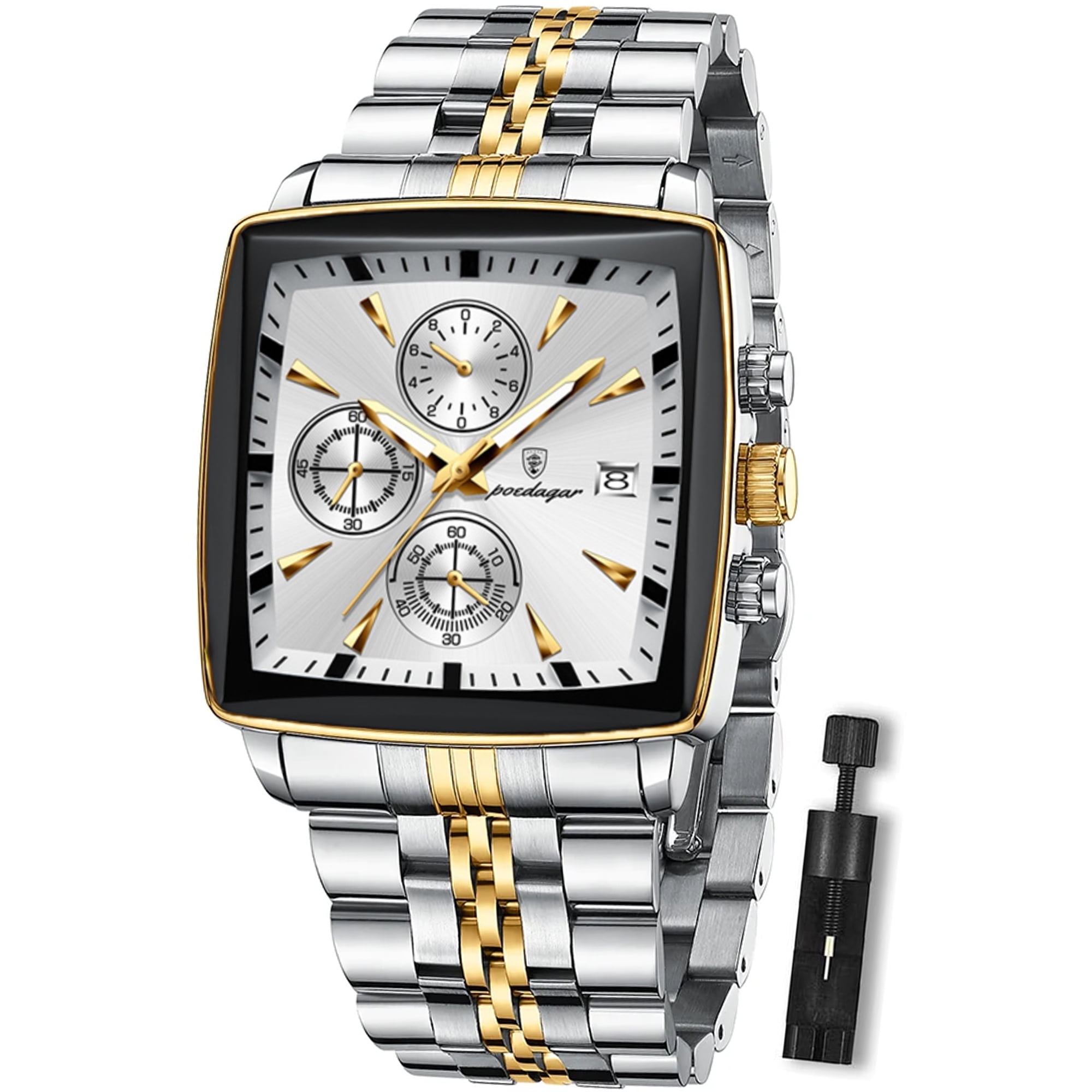 POEDAGAR Luxury Square Sport Man Wristwatch Waterproof Chronograph Stainless Steel Quartz Men's Watches