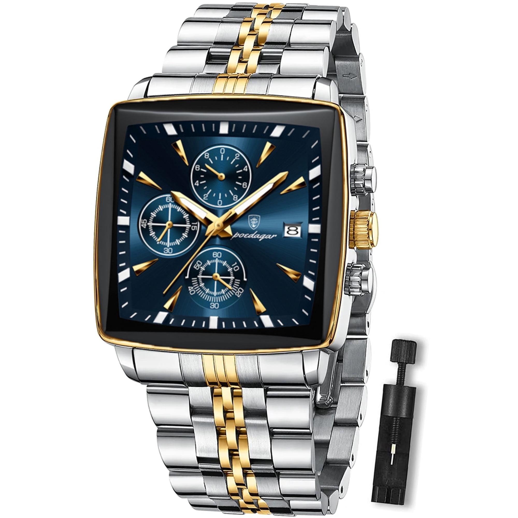 POEDAGAR Luxury Square Sport Man Wristwatch Waterproof Chronograph Stainless Steel Quartz Men's Watches