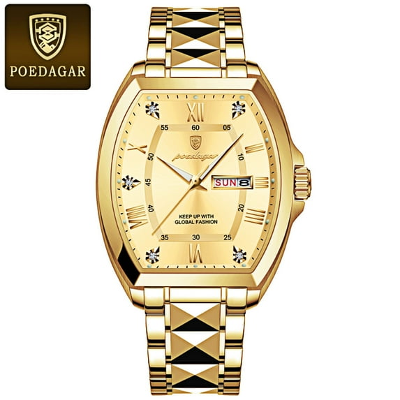 POEDAGAR Luxury Stainless Steel Quartz Blue Men Watch Luminous Waterproof Date Tonneau Case Watch