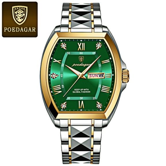 POEDAGAR Luxury Stainless Steel Quartz Green Men Watch Luminous Waterproof Date Tonneau Case Watch