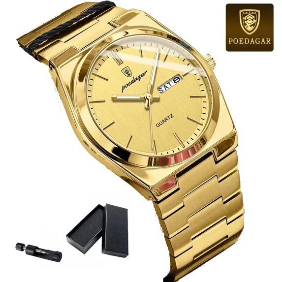 POEDAGAR Luxury Watch For Man Waterproof Luminous Date Week Stainless Steel Men Watch Casual Quartz Men's Watches Male Clock+box