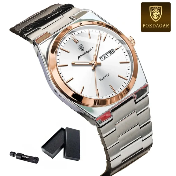 POEDAGAR Luxury Watch For Man Waterproof Luminous Date Week Stainless Steel Men Watch Casual Quartz Men's Watches Male Clock+box