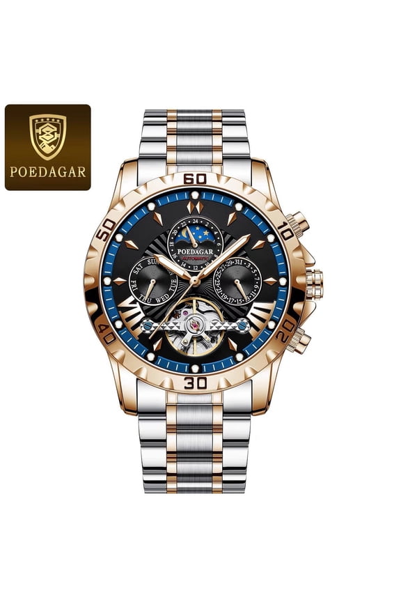 Man Black Hollow mechanical flywheel Quartz Stainless Steel Leather Watch Waterproof Luminous Wristwatch