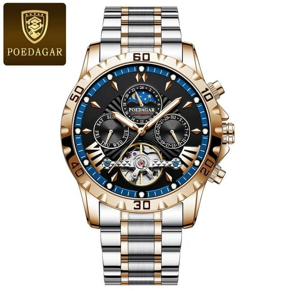 POEDAGAR Man Black Hollow mechanical flywheel Quartz Stainless Steel Leather Watch Waterproof Luminous Wristwatch