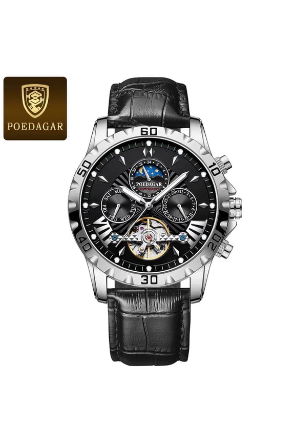 Man Black Hollow mechanical flywheel Quartz Stainless Steel Leather Watch Waterproof Luminous Wristwatch