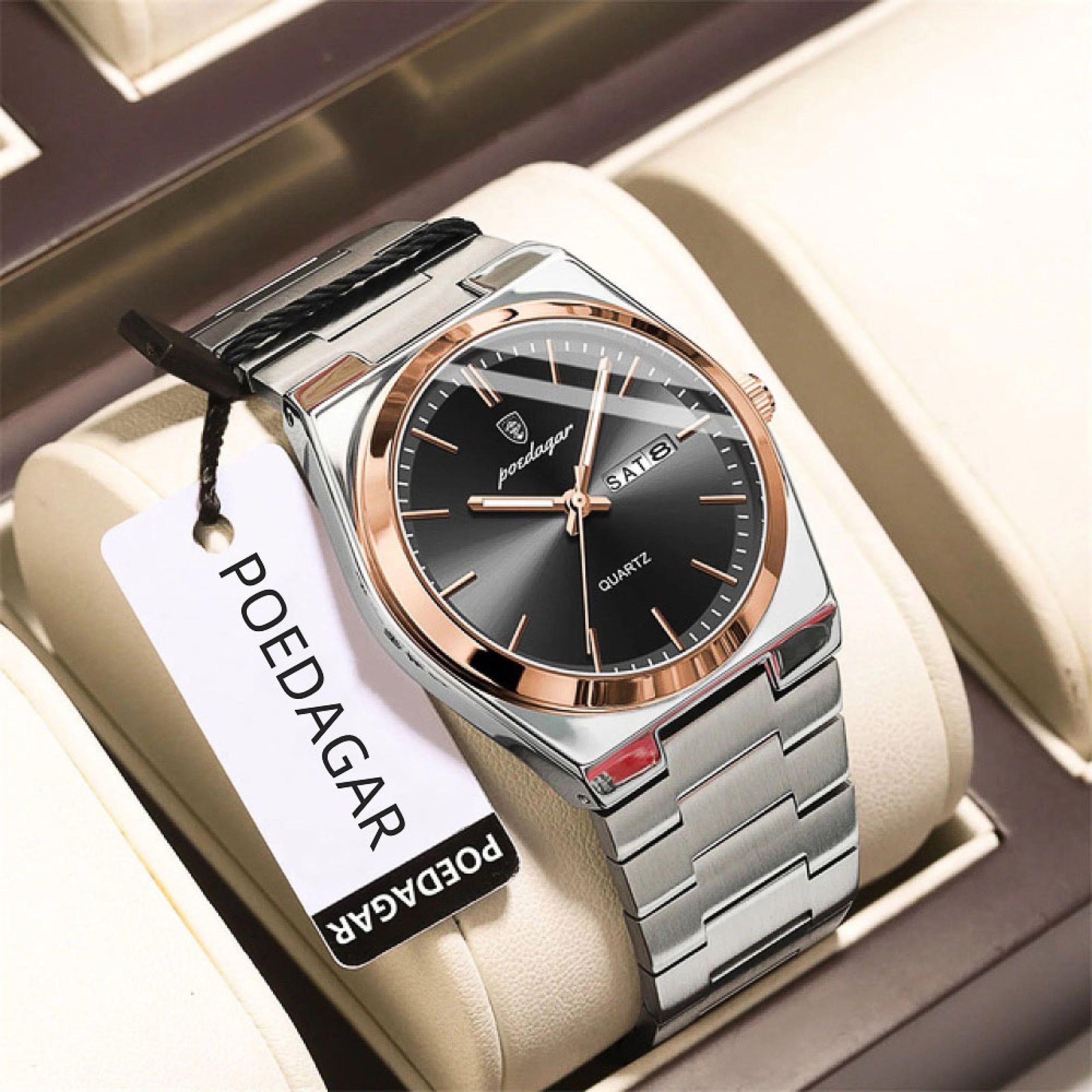 POEDAGAR Men Gold Black Quartz Stainless Steel Fashion Watch Analog Waterproof Luminous Date Wristwatch