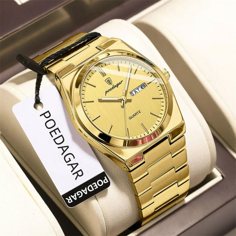 POEDAGAR Men Gold Quartz Stainless Steel Fashion Watch Analog