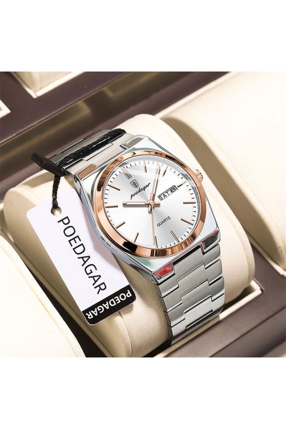 Men Gold White Quartz Stainless Steel Fashion Watch Analog Waterproof Luminous Date Wristwatch