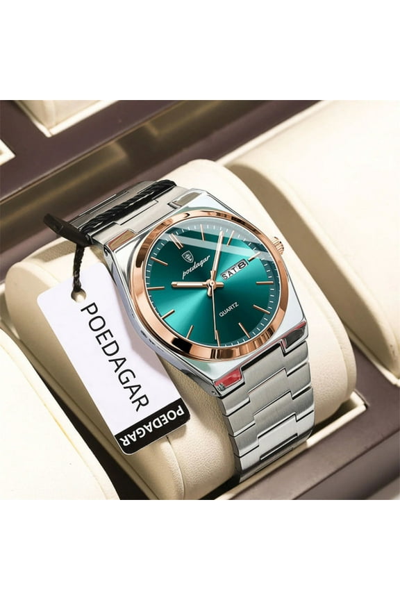 Men Green Quartz Stainless Steel Fashion Watch Analog Waterproof Luminous Date Wristwatch