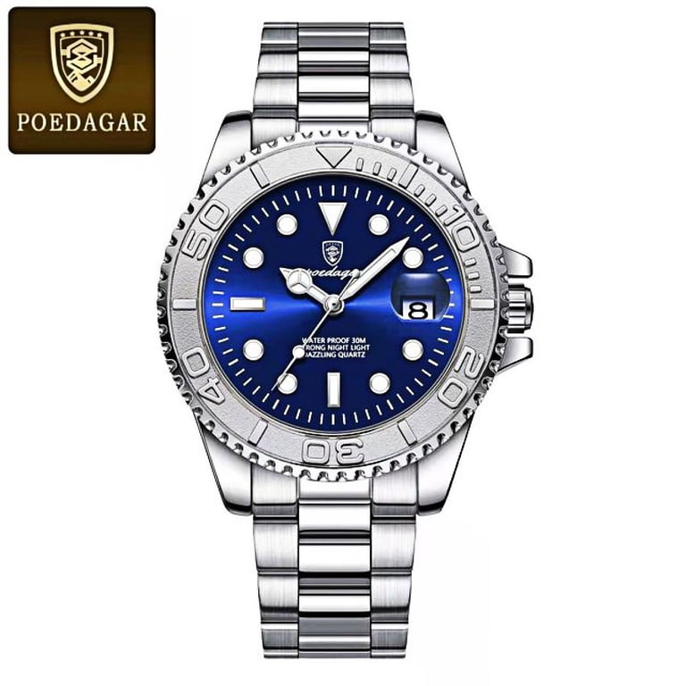 POEDAGAR Men Luxury White Quartz Fashion Stainless Steel 