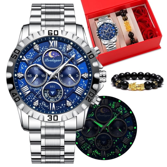 POEDAGAR Men Watch Quartz Stainless Steel Luminous Pointer Chronograph Waterproof Male Watches