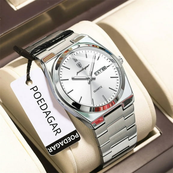 POEDAGAR Men White Quartz Stainless Steel Fashion Watch Analog Waterproof Luminous Date Wristwatch