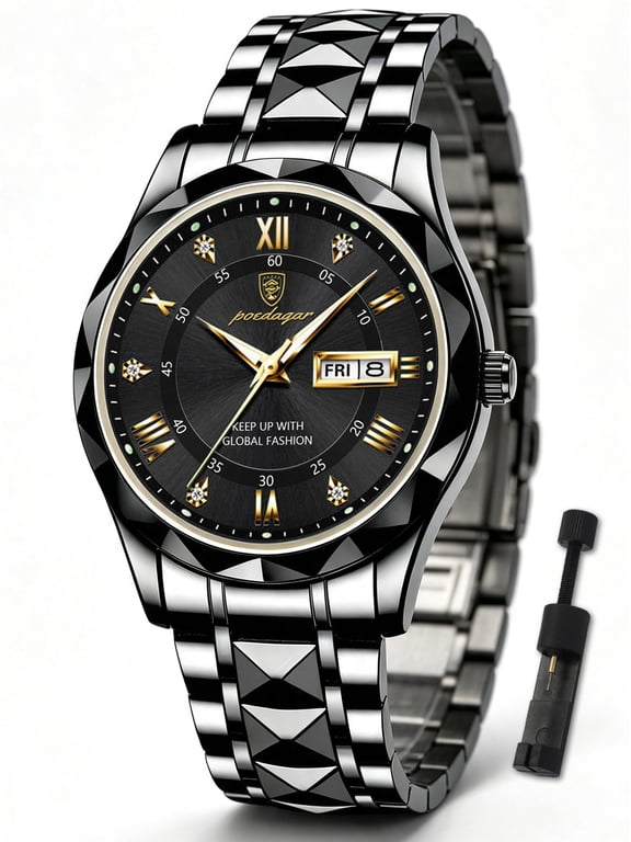 Men's Business Quartz Wrist Watch, Black Round Dial with Dual Date Display, Stainless Steel Band Watches for Men
