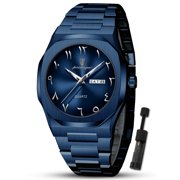 POEDAGAR Men's Luxury Quartz Wristwatch, Stainless Steel Band, Blue Dial for Daily Wear