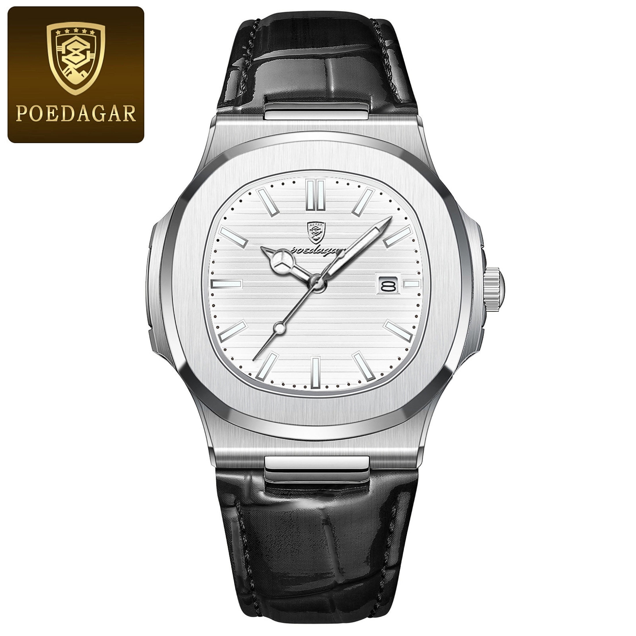 POEDAGAR New Luxury Quartz Watch for Men Leather belt Sports Waterproof Luminous Date Fashion Square Men's Watches