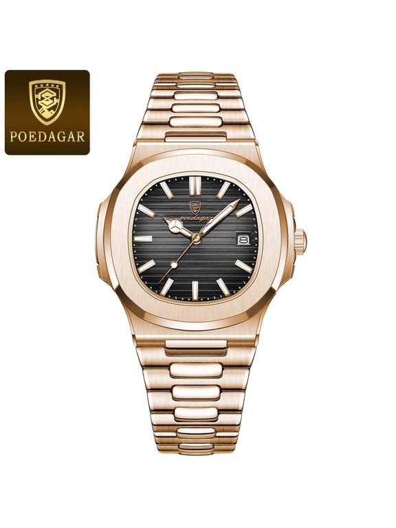 New Luxury Rose Gold Quartz Watch for Men Stainless Steel Sports Waterproof Luminous Date Fashion Square Men's Watches
