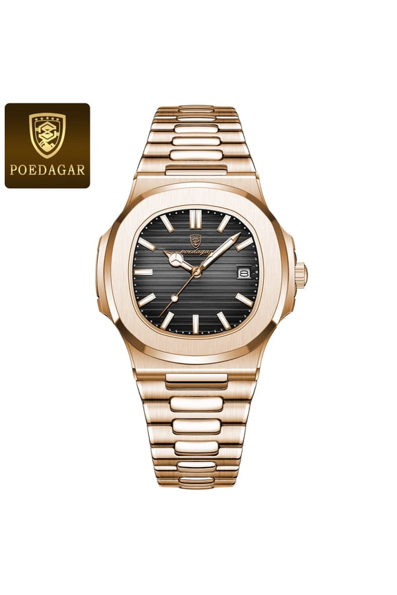 New Luxury Rose Gold Quartz Watch for Men Stainless Steel Sports Waterproof Luminous Date Fashion Square Men's Watches