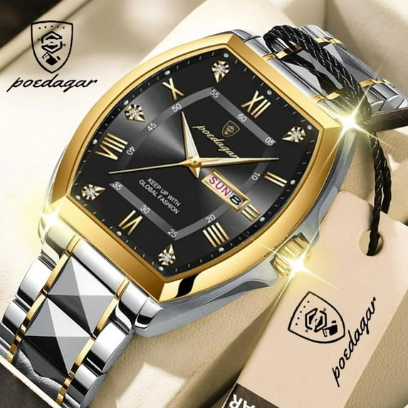 POEDAGAR Stainless Steel Black Watches for Man Luminous Date Week Men Green Watch Tonneau Case Men's Quartz Watches