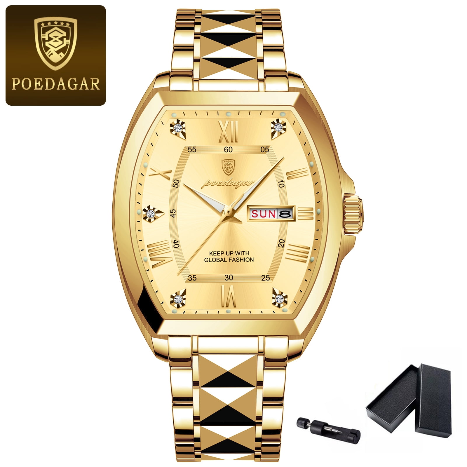 POEDAGAR Stainless Steel Gold Watches for Man Luminous Date Week Men Green Watch Tonneau Case Men's Quartz Watches with Gift Box