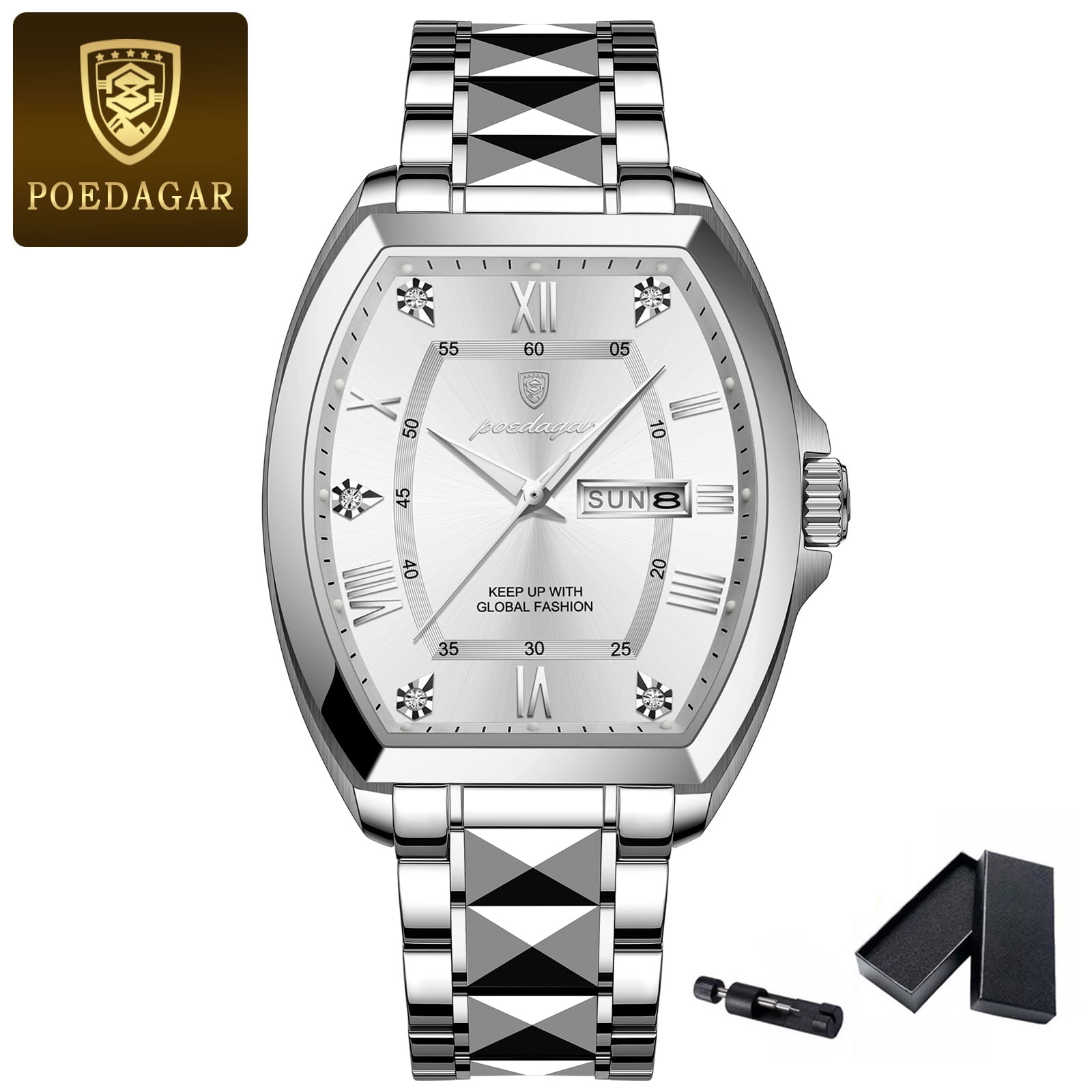 POEDAGAR Stainless Steel Watches for Man Luminous Date Week Men Green Watch Tonneau Case Men's Quartz Watches with Gift Box