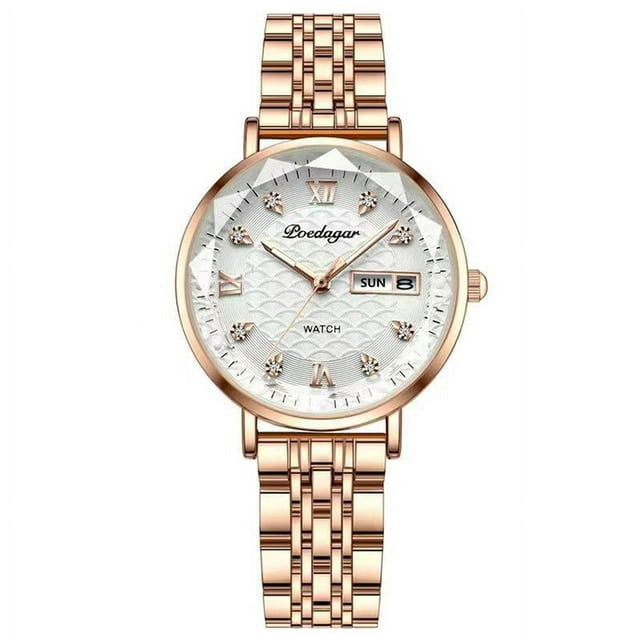 POEDAGAR Women Watches Fashion Rose Gold Steel Quartz Watch Waterproof Luminous Week Date Swiss Brand Ladies Wristwatch Bracelet