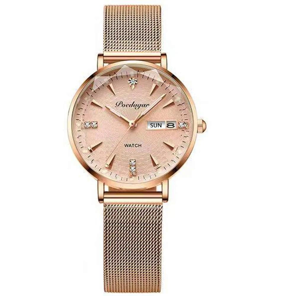 POEDAGAR Women Watches Luxury Rose Gold Mesh Wristwatch Fashion Simple ...
