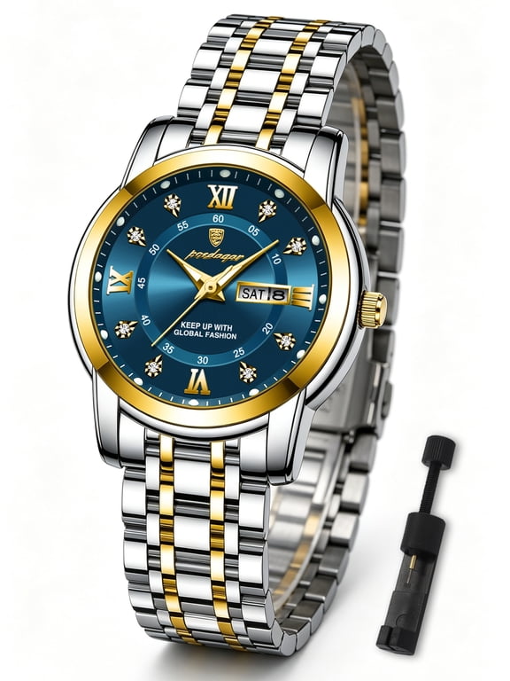 Women's Date Analog Quartz Luxury Wrist Watch, Simple Blue Round Dial, Stainless Steel Band