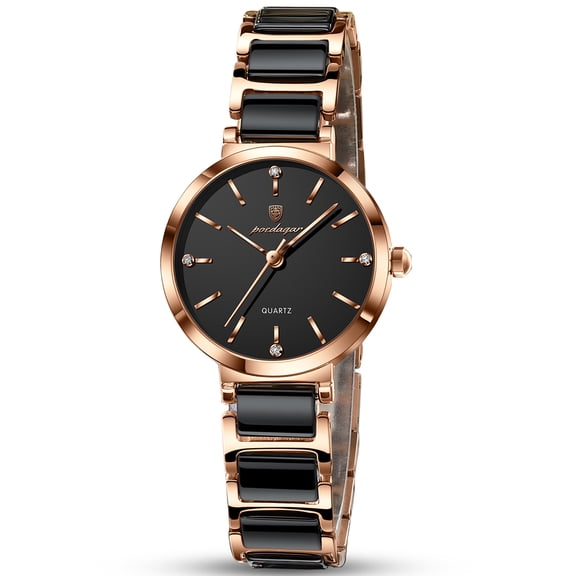 POEDAGAR Women's Elegant Quartz Wrist Watch, Round White Dial with Rhinestone Markers, Rose Gold Ceramic Stainless Steel Band Ladies Dress Watch