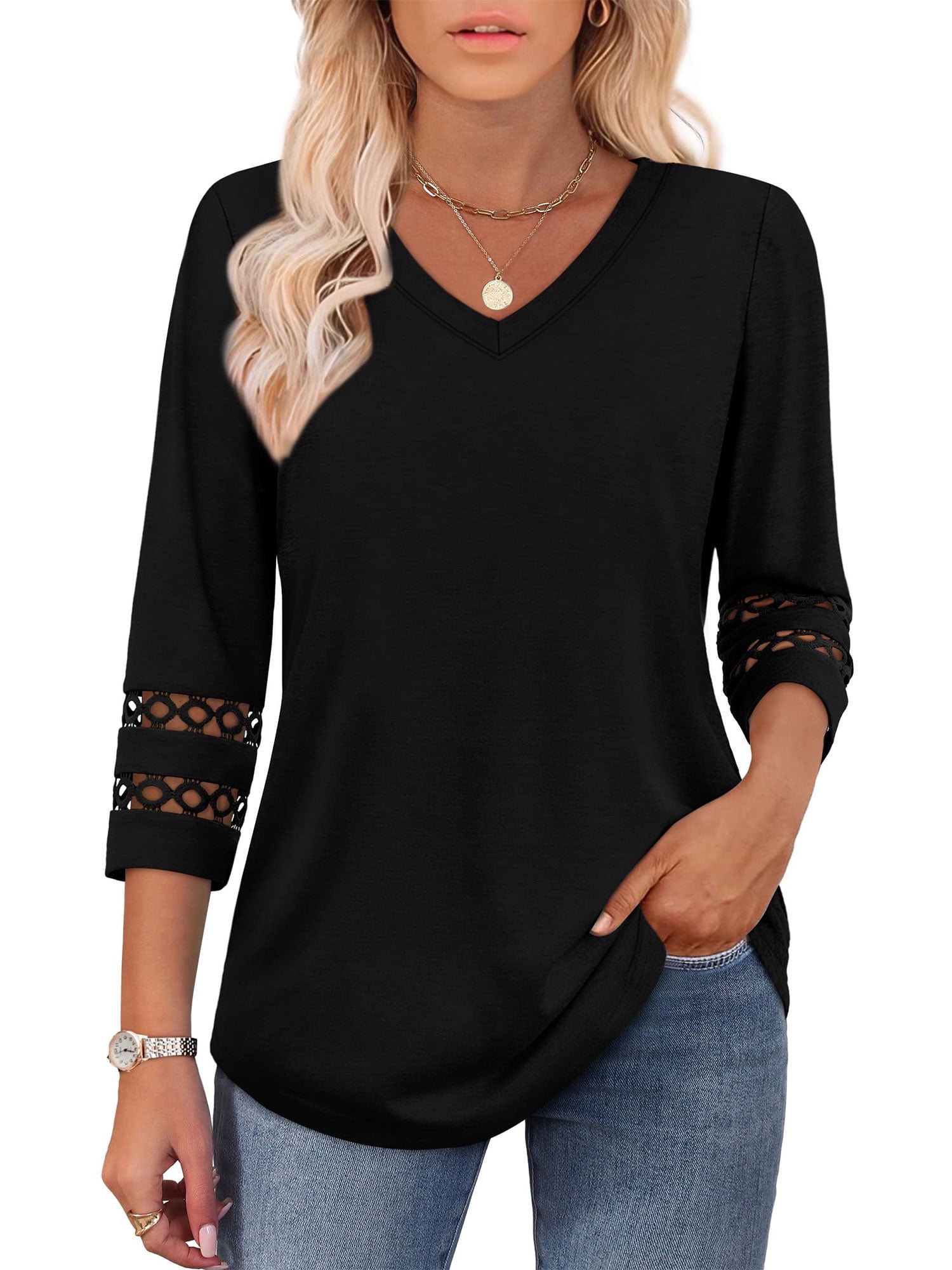 Blouses for Women V Neck 3/4 Sleeve Ladies Work Tops Dressy Casual 2026 Trendy T Shirts Summer Clothes Black