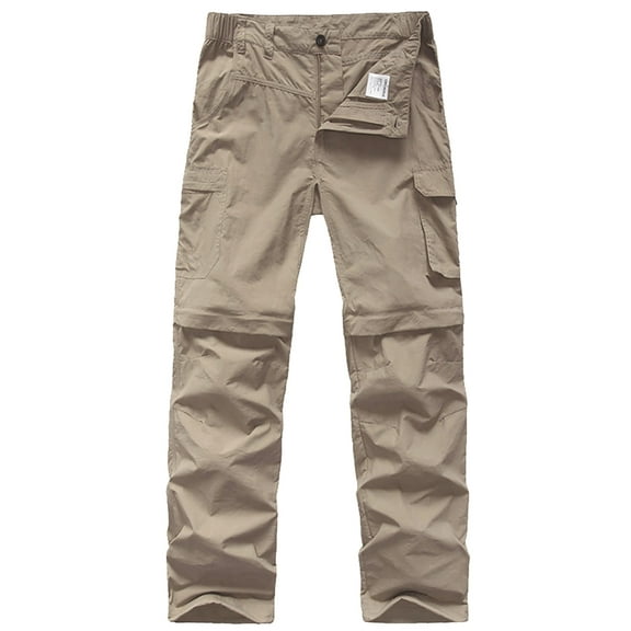 POENTAB Boys Outdoor Pants Breathable Stretch Zip Off Pant for Kids Elastic Waist Straight Leg Trousers with Belt Khaki 11-12 Years