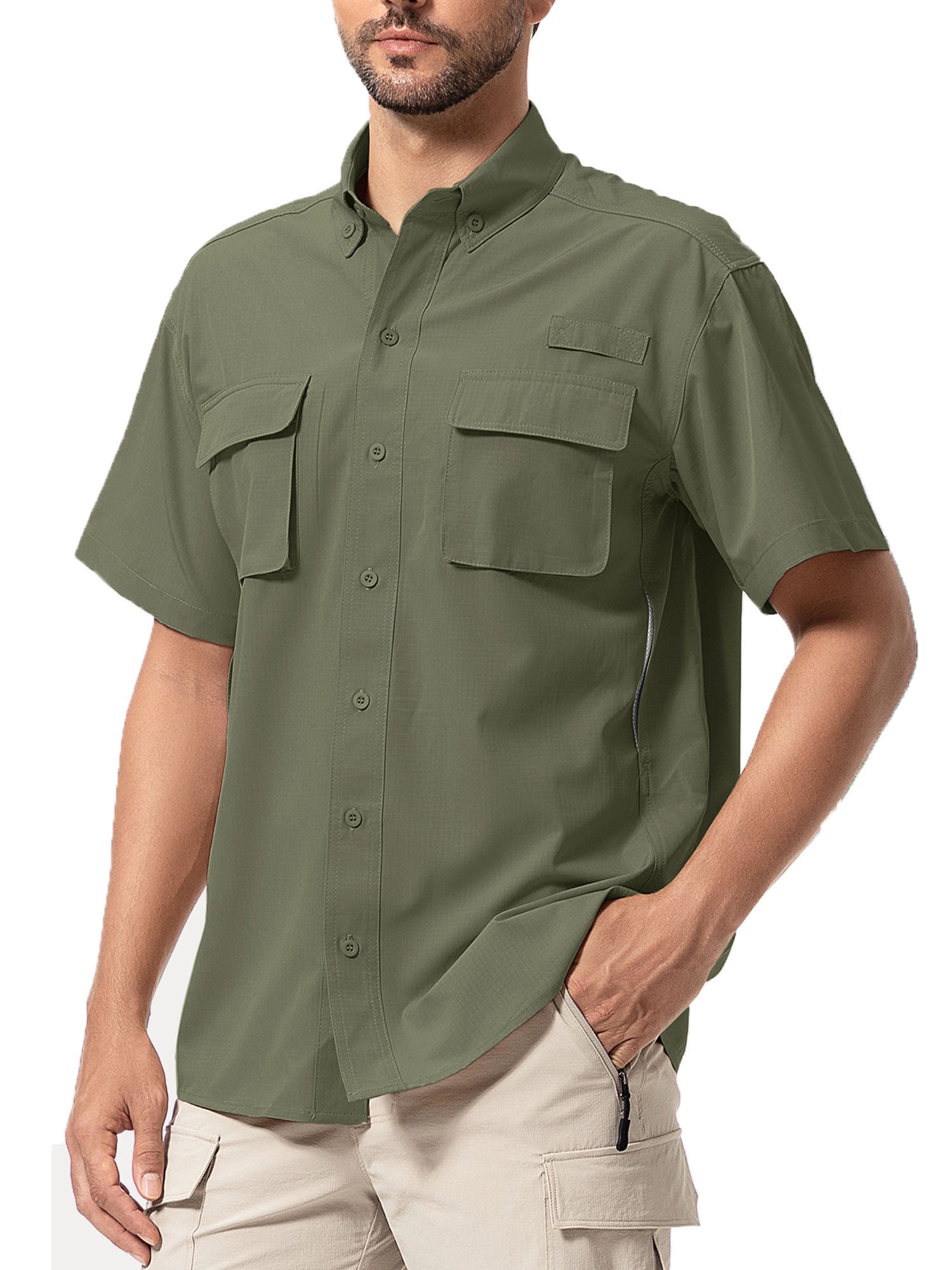 outdoor dress shirts Poentab Button Down Shirts for Men Short Sleeve Lightweight Safari Clothes Outdoor Camping Casual Travel Lapel Shirt Tops, Men's, Size: Small, Green