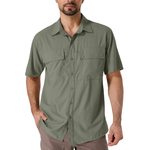 POENTAB Men Summer Sun Protection Shirts Loose Casual Short Sleeve Button Up Lightweight Outdoor Workwear With Mesh Line Green