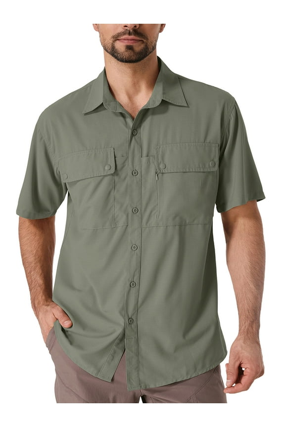 Men Summer Sun Protection Shirts Loose Casual Short Sleeve Button Up Lightweight Outdoor Workwear With Mesh Line Green