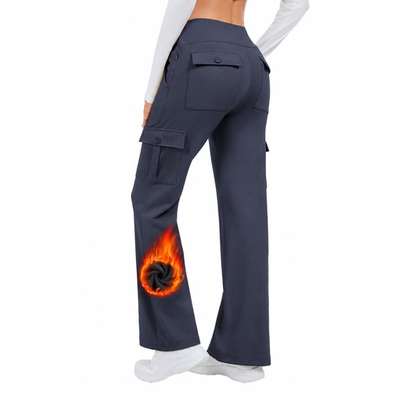 POENTAB Fleece Lined Snow Pants For Women Insulated Hiking Bottoms with zipper pockets for Cold Weather Gray