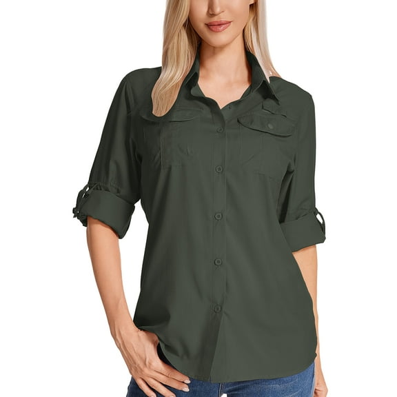 POENTAB Womens Button Down Shirts Long Sleeve Work Blouses Collared Tops Tunics with Pockets