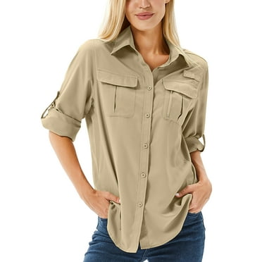 POENTAB Long Sleeve Casual Shirts for Women Button Down Quick Dry Hiking Fishing Work Shirt UPF 50+ UV Sun Protection Summer Fall Tops
