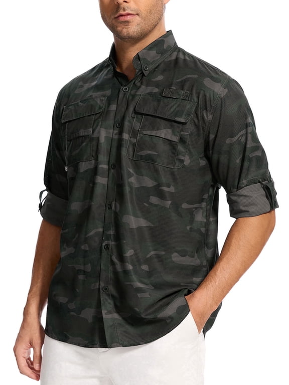 Long Sleeve Fishing Shirts for Men Quick Dry Hiking Work Shirt Sun Protection UV UPF 50 Button Down Tops With Mesh Line Outdoor Safari Dark Green Camouflage