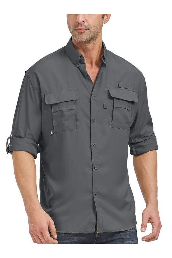 Long Sleeve Fishing Shirts for Men Quick Dry Hiking Work Shirt Sun Protection UV UPF 50 Button Down Tops With Mesh Line Outdoor Safari Dark Grey