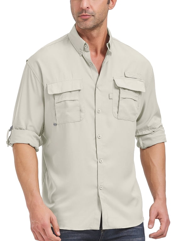 Long Sleeve Fishing Shirts for Men Quick Dry Hiking Work Shirt Sun Protection UV UPF 50 Button Down Tops With Mesh Line Outdoor Safari Light Khaki