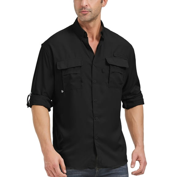 POENTAB Long Sleeve Fishing Shirts for Men Quick Dry Hiking Work Shirt Sun Protection UV UPF 50 Button Down Tops With Mesh Line Outdoor Safari Black