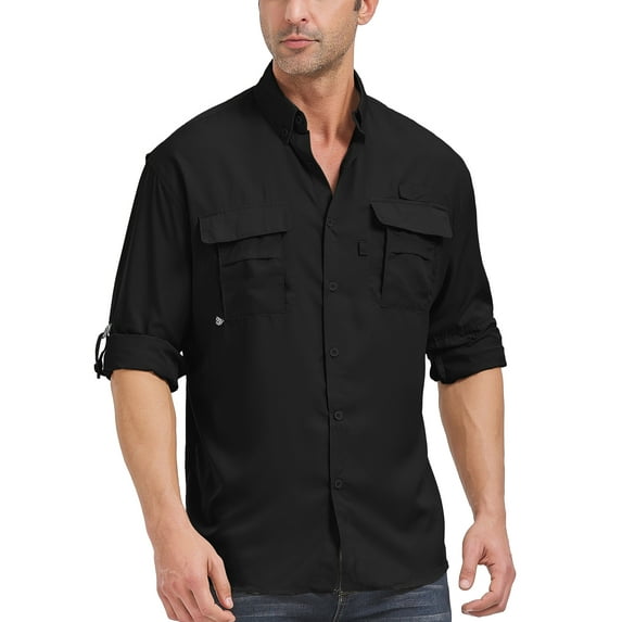POENTAB Long Sleeve Fishing Shirts for Men Quick Dry Hiking Work Shirt Sun Protection UV UPF 50 Button Down Tops With Mesh Line Outdoor Safari Black