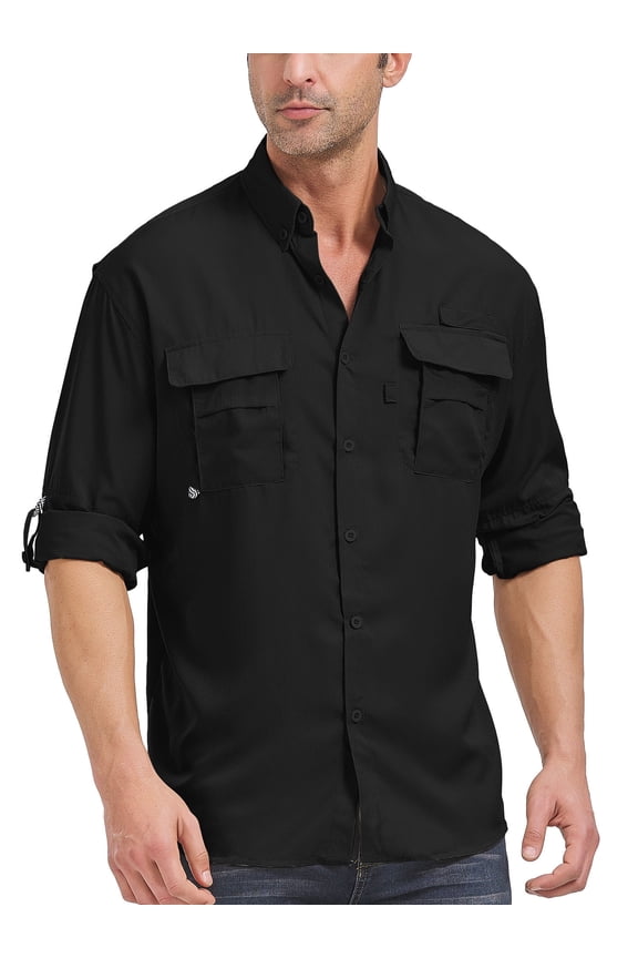 Long Sleeve Fishing Shirts for Men Quick Dry Hiking Work Shirt Sun Protection UV UPF 50 Button Down Tops With Mesh Line Outdoor Safari Black
