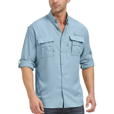 POENTAB Long Sleeve Fishing Shirts for Men Quick Dry Hiking Work Shirt Sun Protection UV UPF 50 Button Down Tops With Mesh Line Outdoor Safari