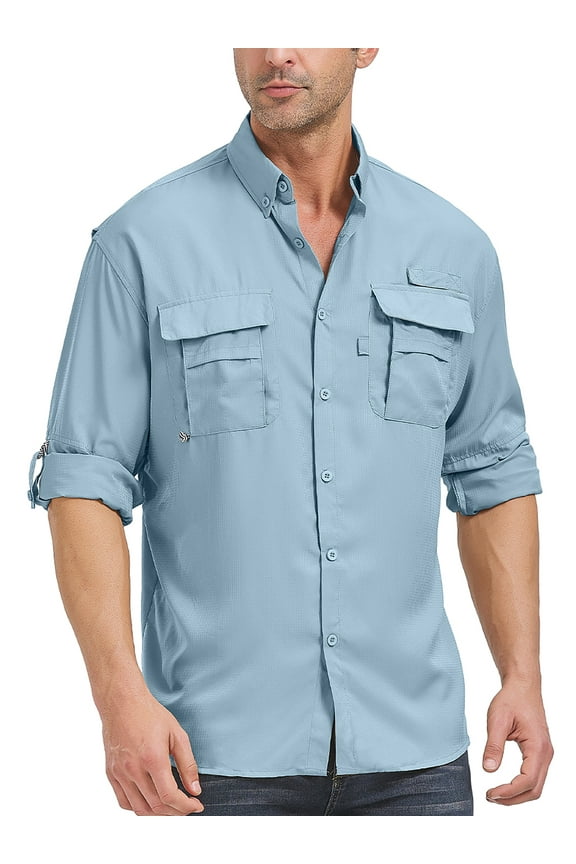 Long Sleeve Shirts for Men Solid Western Cowboy Button Up Work Shirts Outdoor Safari Fishing Camping Blouse Tops Blue