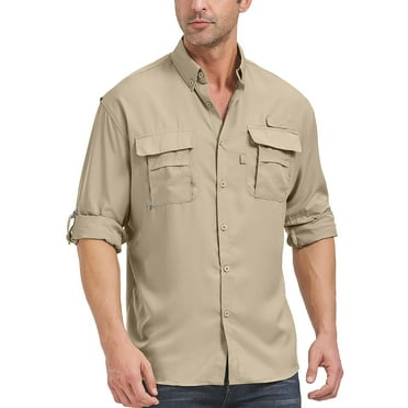 POENTAB Long Sleeve Fishing Shirts for Men Quick Dry Hiking Work Shirt Sun Protection UV UPF 50 Button Down Tops With Mesh Line Outdoor Safari