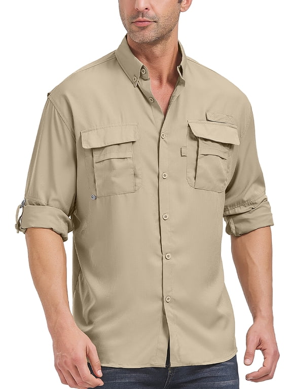 Long Sleeve Fishing Shirts for Men Quick Dry Hiking Work Shirt Sun Protection UV UPF 50 Button Down Tops With Mesh Line Outdoor Safari